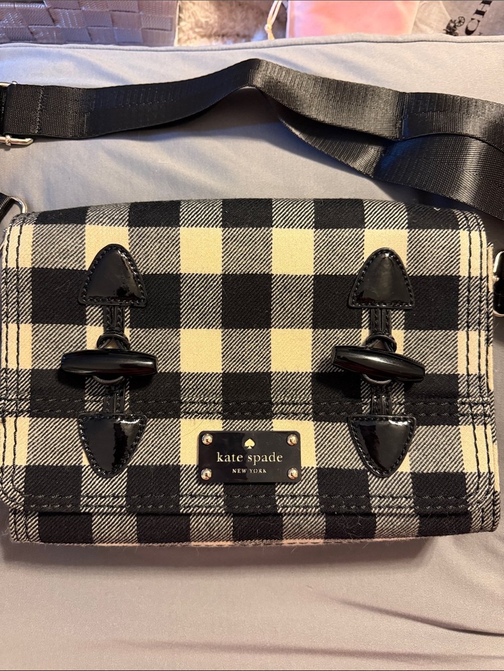 kate spade Black and Cream Plaid Crossbody with Glossy Trim